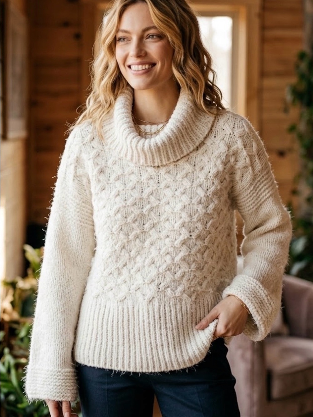 Anthropologie Sleeping On Snow Chunky Lattice Knit Cowl Sweater Ivory Small
